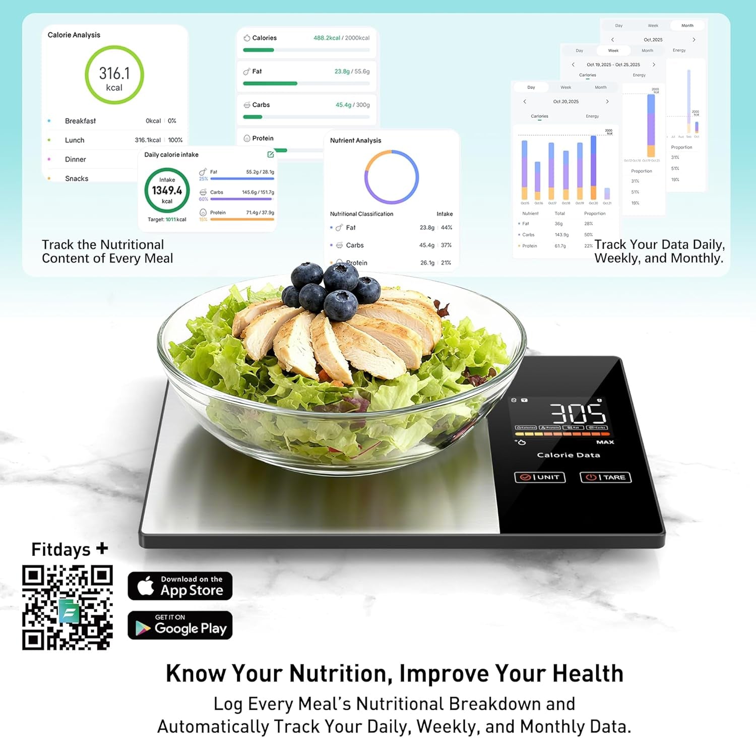Smart Bluetooth Kitchen Scales with Calorie & Nutrition Tracker App | 1g Precision Food Scale for Meal Prep, Portion Control & Diet Management | Tare Function, LED Display