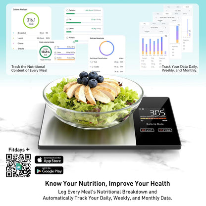 Smart Bluetooth Kitchen Scales with Calorie & Nutrition Tracker App | 1g Precision Food Scale for Meal Prep, Portion Control & Diet Management | Tare Function, LED Display