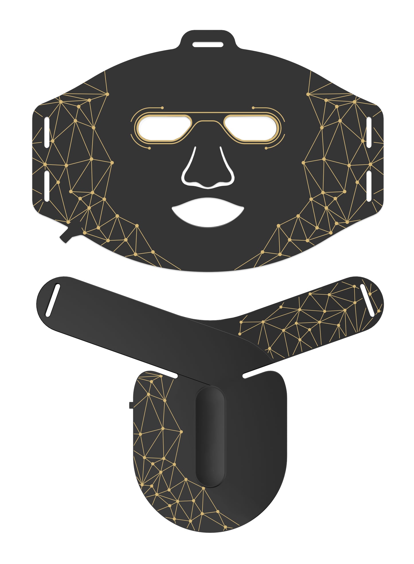 Black face mask with geometric gold patterns on a white background