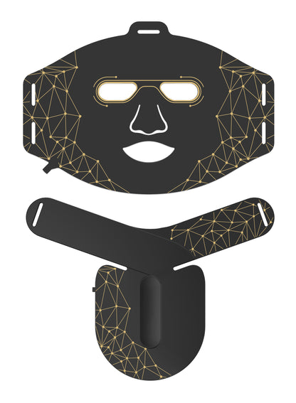Black face mask with geometric gold patterns on a white background