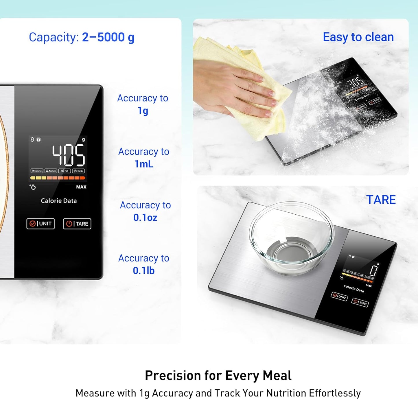 Smart Bluetooth Kitchen Scales with Calorie & Nutrition Tracker App | 1g Precision Food Scale for Meal Prep, Portion Control & Diet Management | Tare Function, LED Display