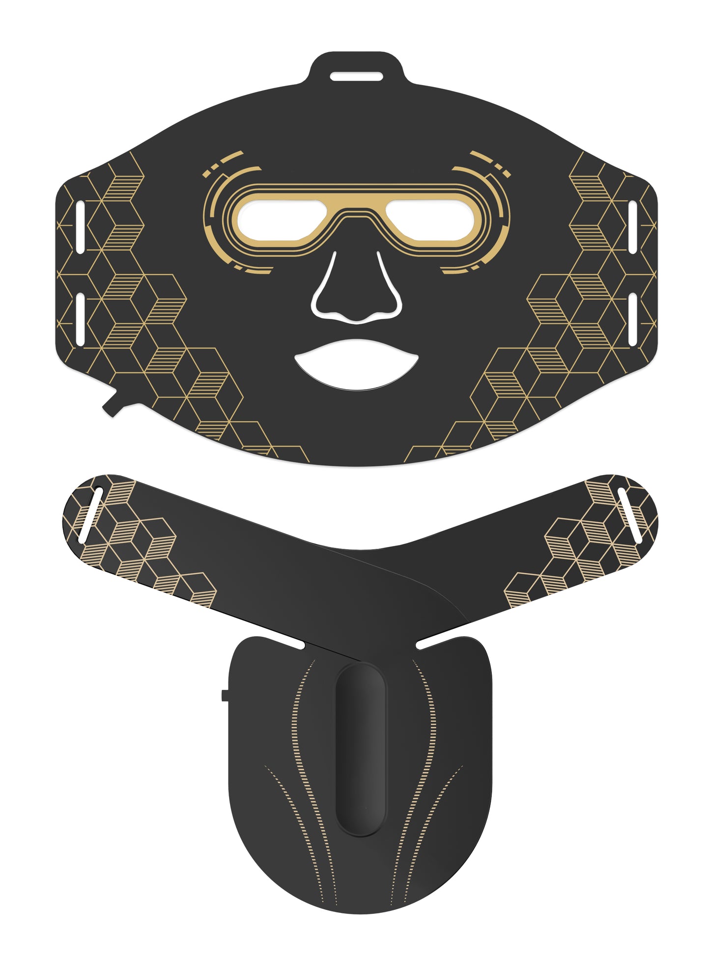 Black and gold diving mask with geometric patterns on a white background
