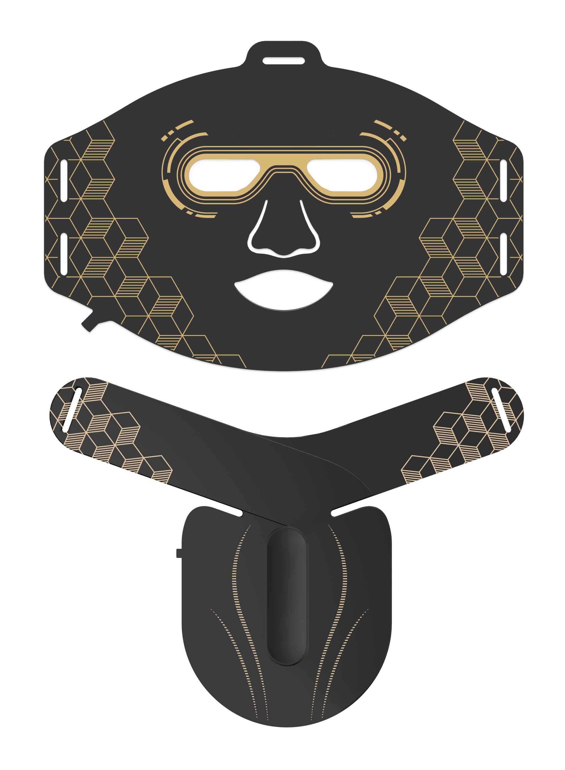 Black and gold diving mask with geometric patterns on a white background