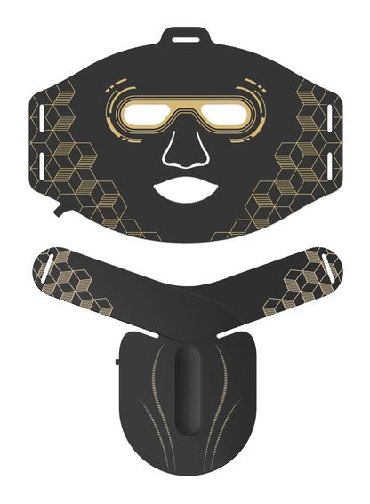 Black and gold diving mask with geometric patterns on a white background