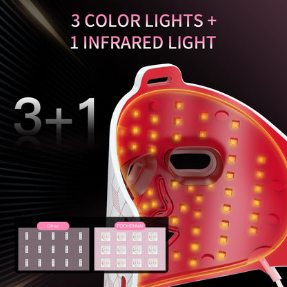 LED face mask with 3 color lights and 1 infrared light on a dark background