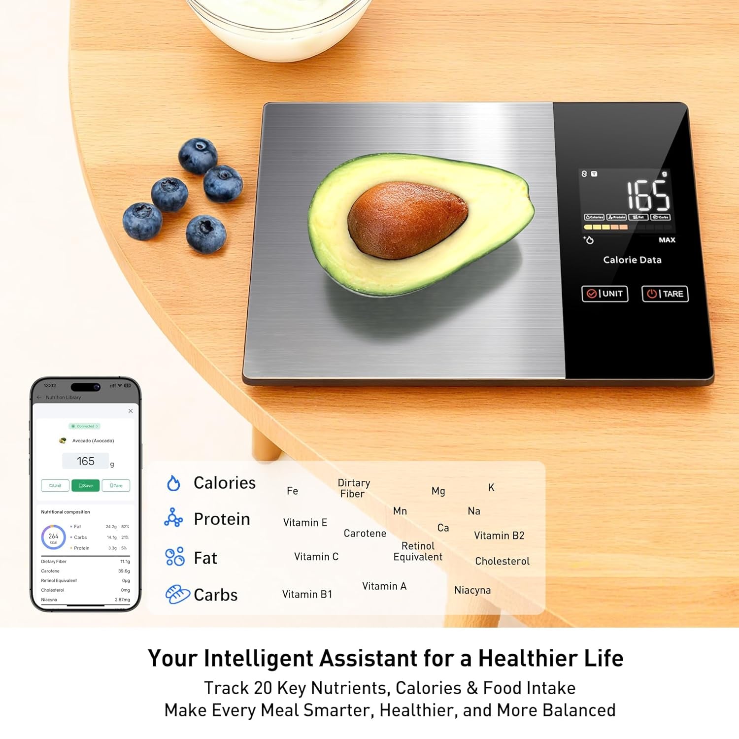 Smart Bluetooth Kitchen Scales with Calorie & Nutrition Tracker App | 1g Precision Food Scale for Meal Prep, Portion Control & Diet Management | Tare Function, LED Display