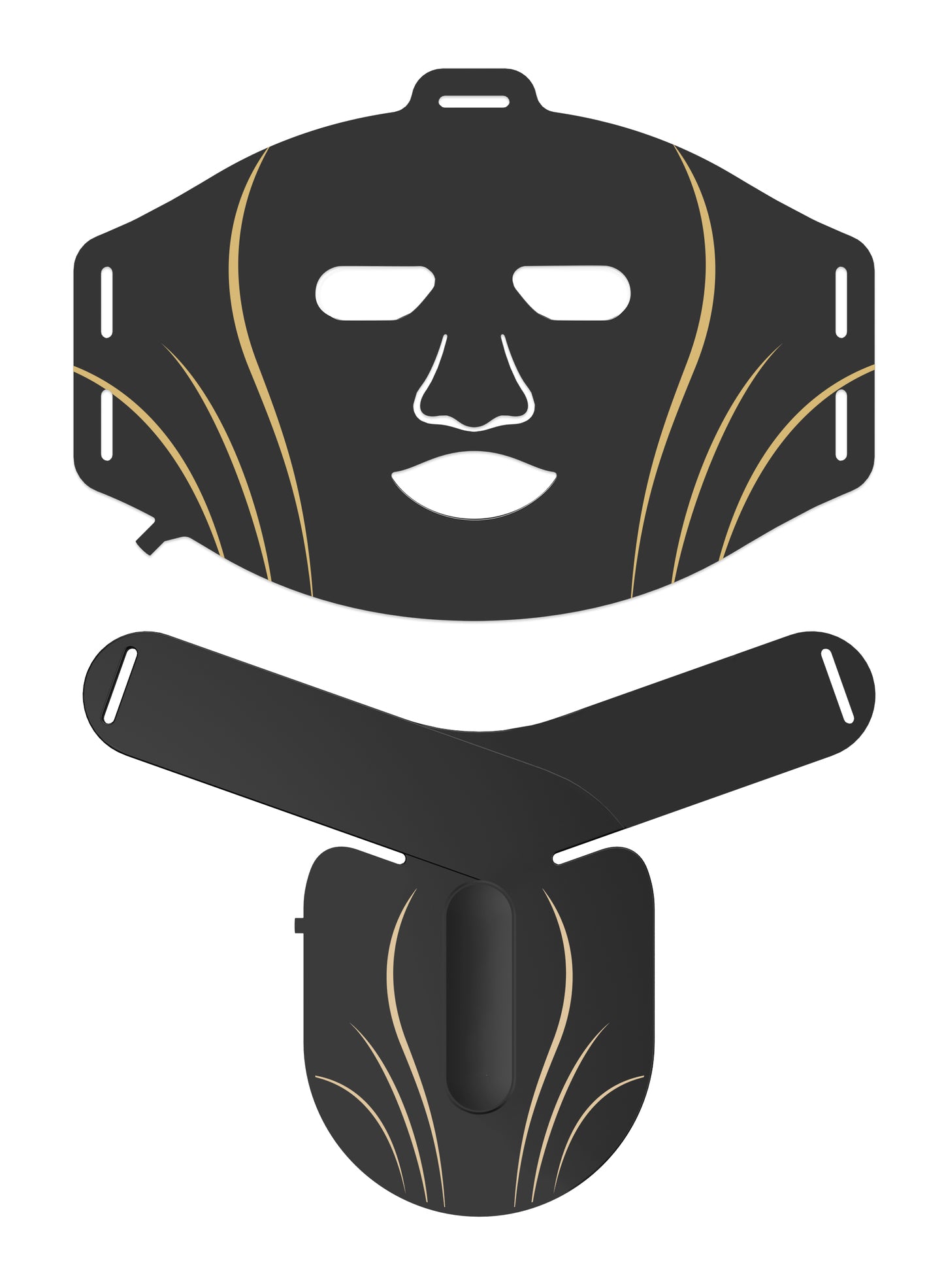 Black face mask with gold accents on a white background