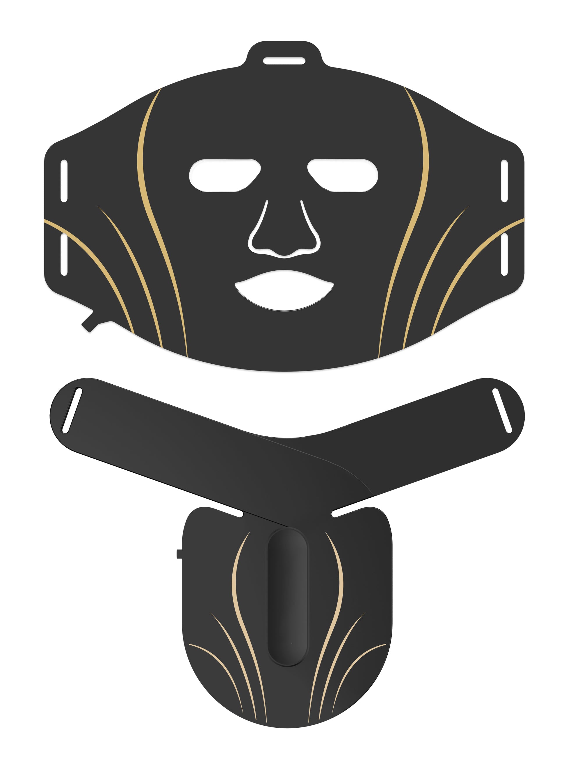 Black face mask with gold accents on a white background