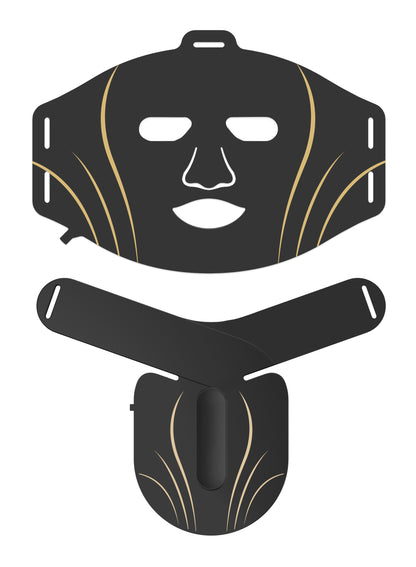Black face mask with gold accents on a white background