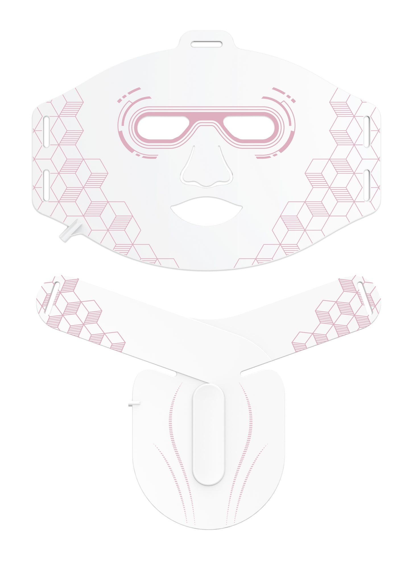 White face mask with pink geometric patterns on a white background