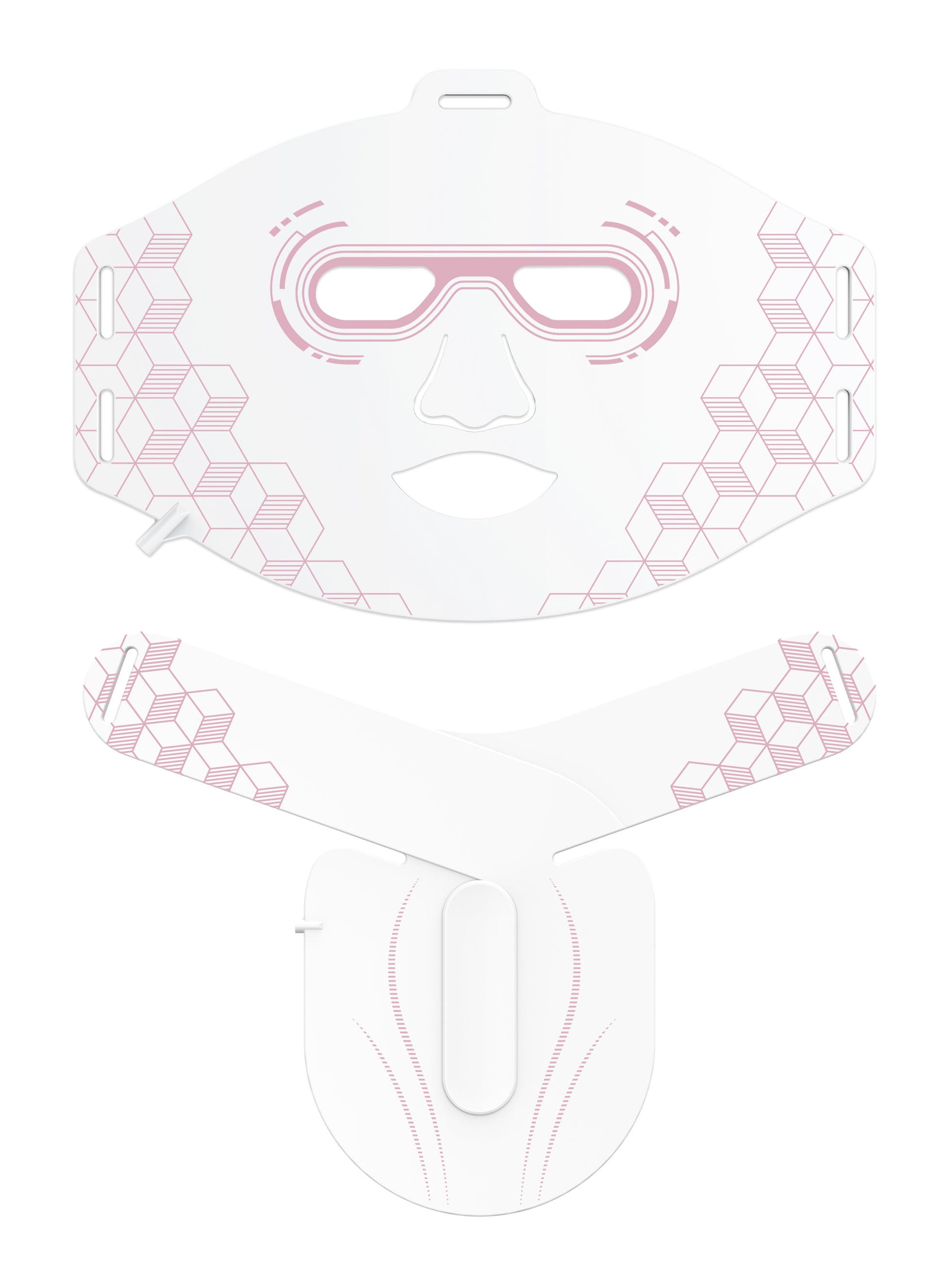 White face mask with pink geometric patterns on a white background