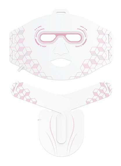 White face mask with pink geometric patterns on a white background