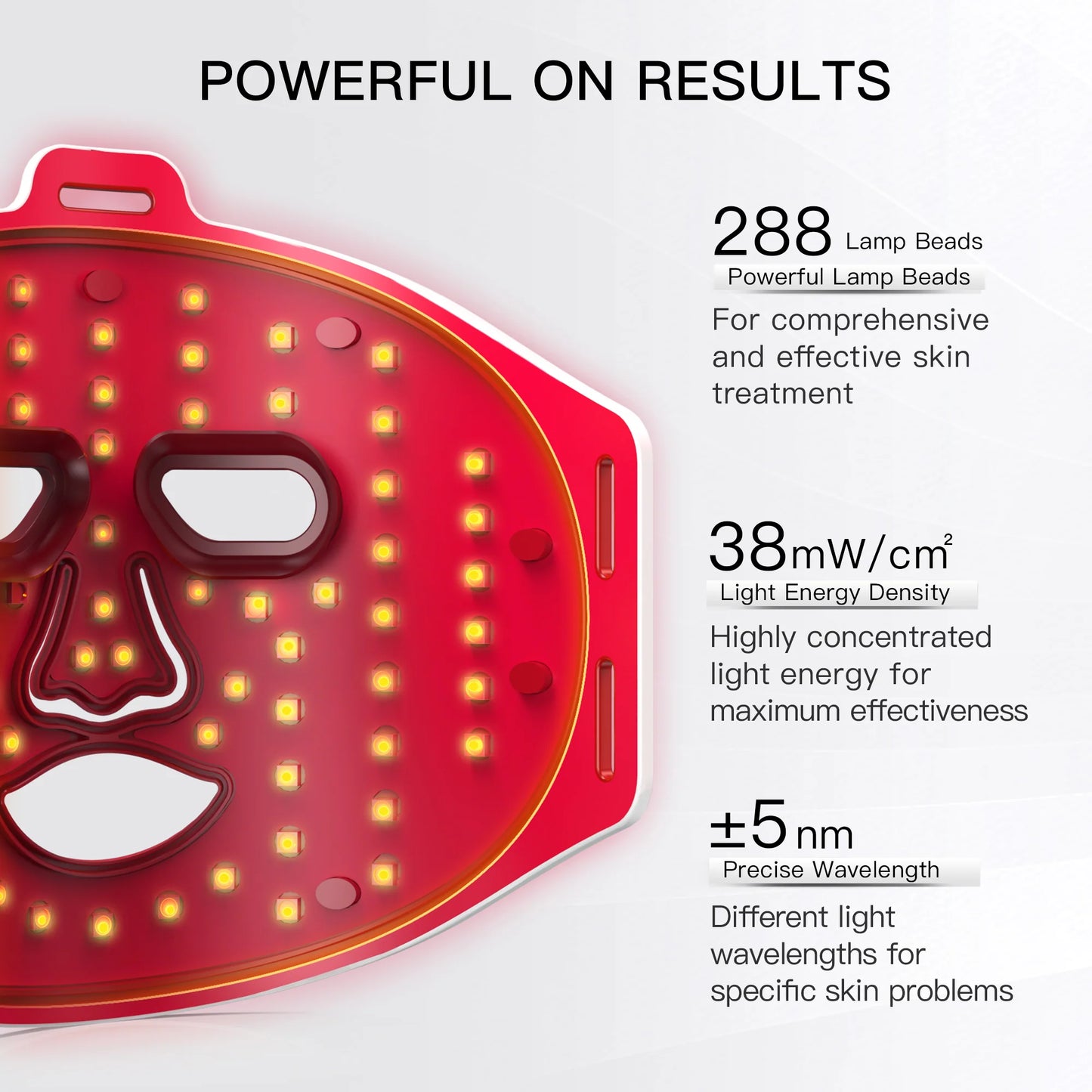 LED face mask with technical specifications on a white background