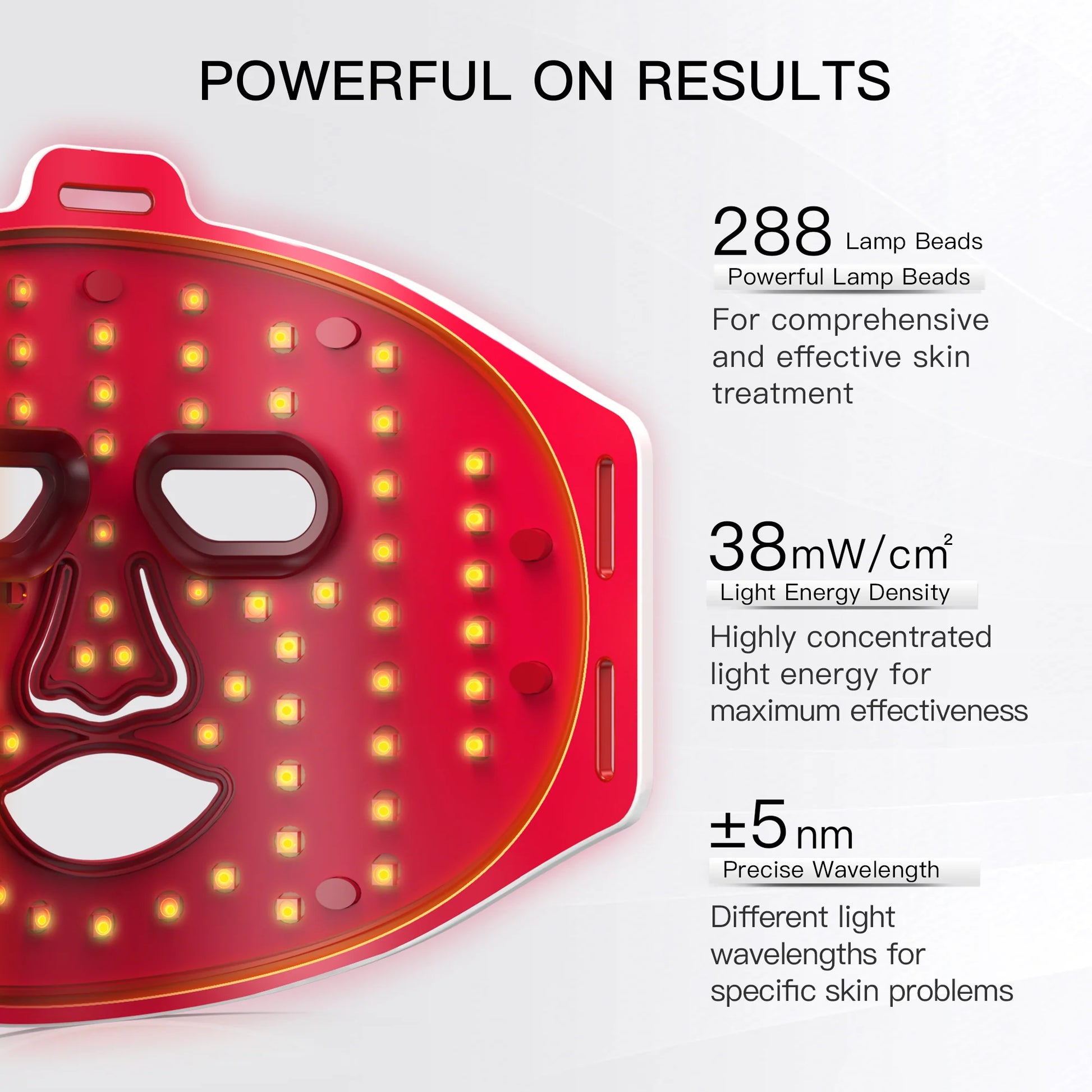 LED face mask with technical specifications on a white background