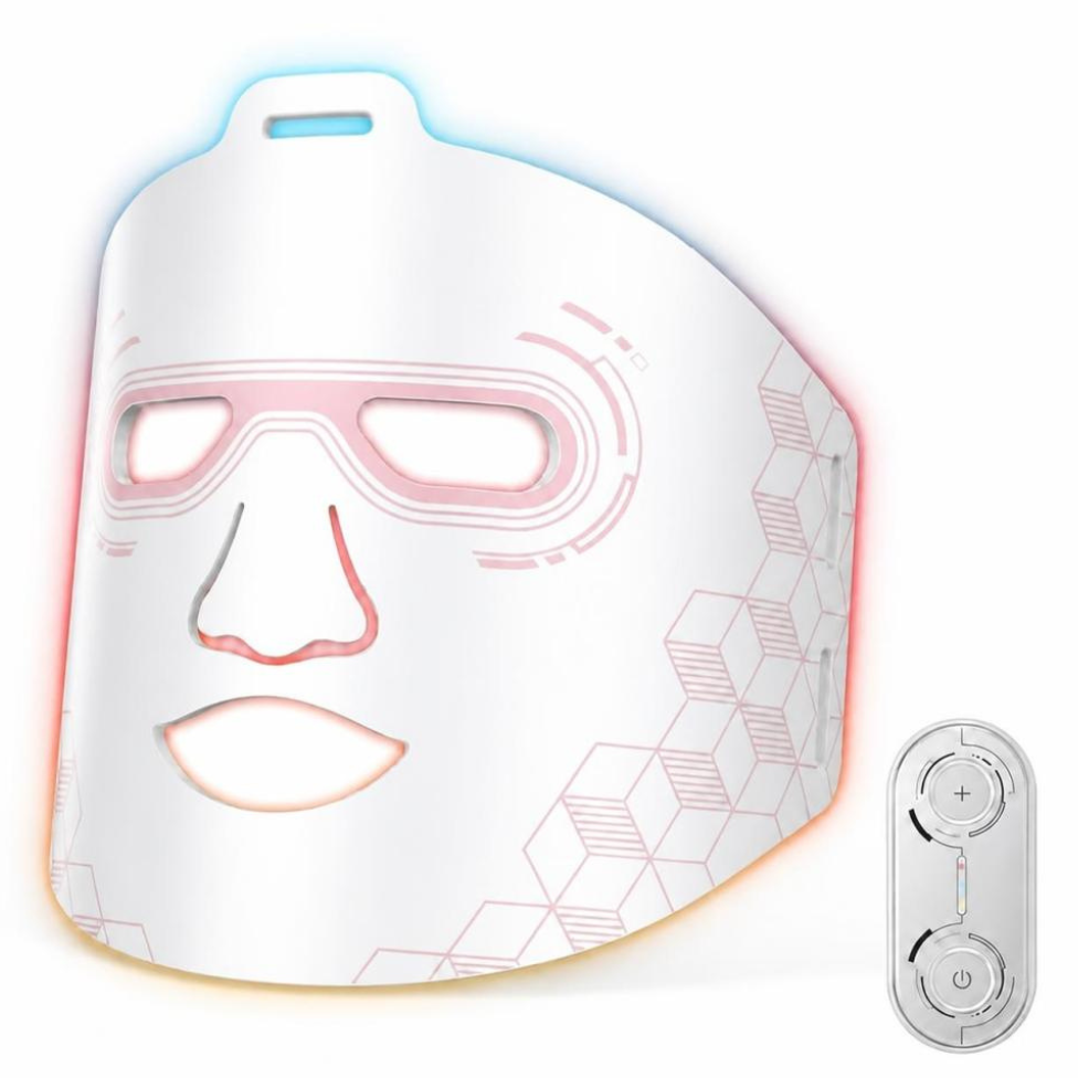 Facial mask with geometric design and remote control on a white background