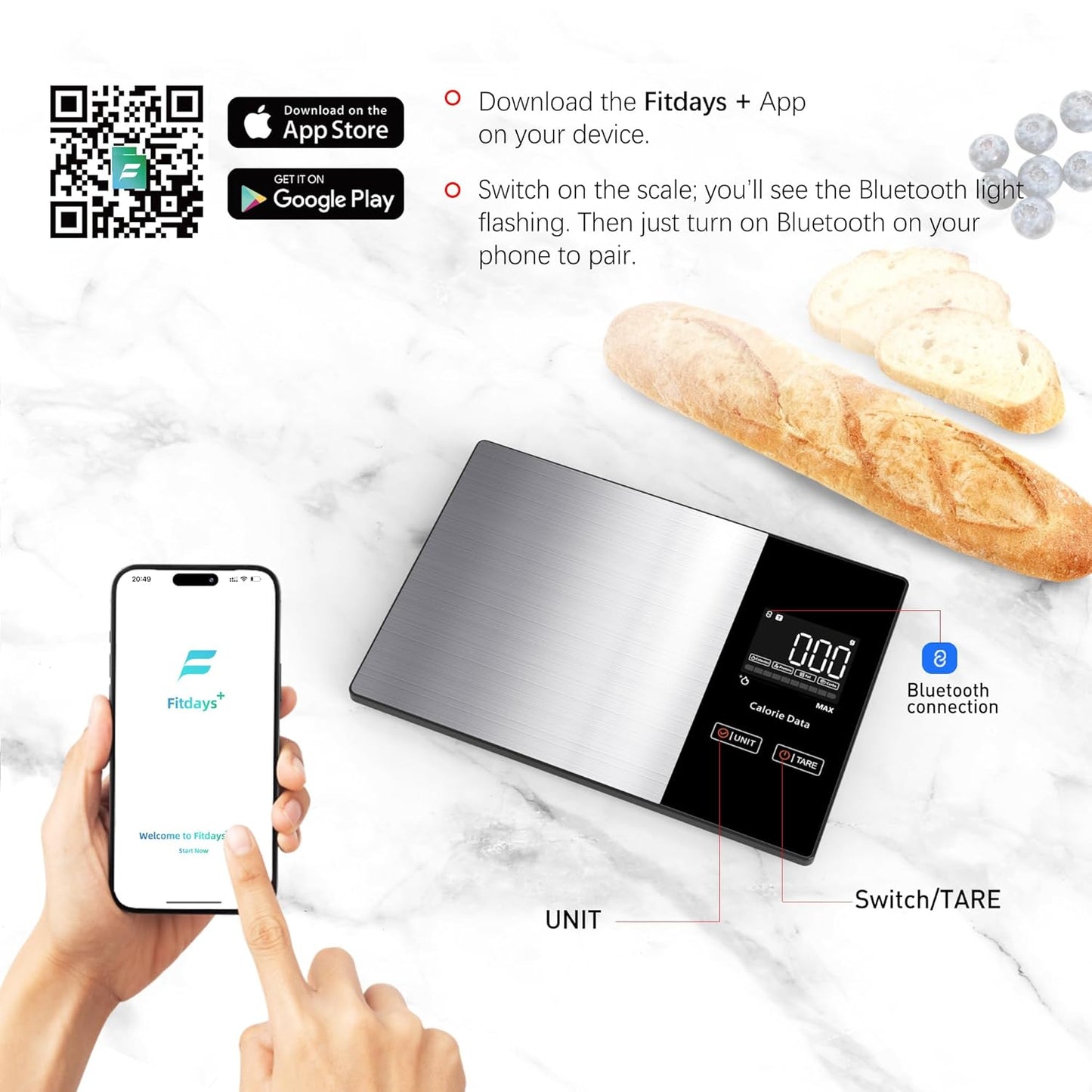 Smart Bluetooth Kitchen Scales with Calorie & Nutrition Tracker App | 1g Precision Food Scale for Meal Prep, Portion Control & Diet Management | Tare Function, LED Display