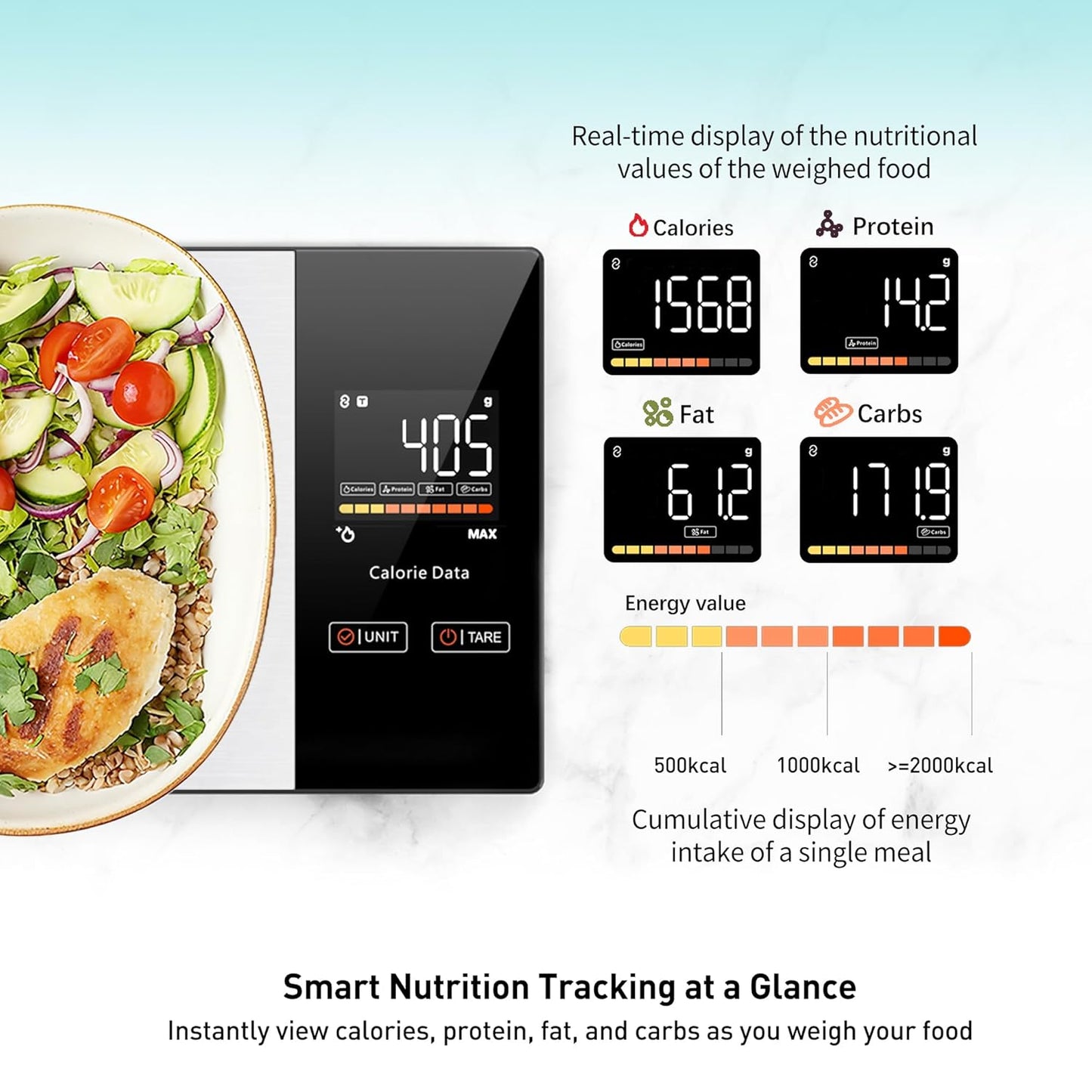 Smart Bluetooth Kitchen Scales with Calorie & Nutrition Tracker App | 1g Precision Food Scale for Meal Prep, Portion Control & Diet Management | Tare Function, LED Display