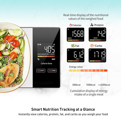 Smart Bluetooth Kitchen Scales with Calorie & Nutrition Tracker App | 1g Precision Food Scale for Meal Prep, Portion Control & Diet Management | Tare Function, LED Display