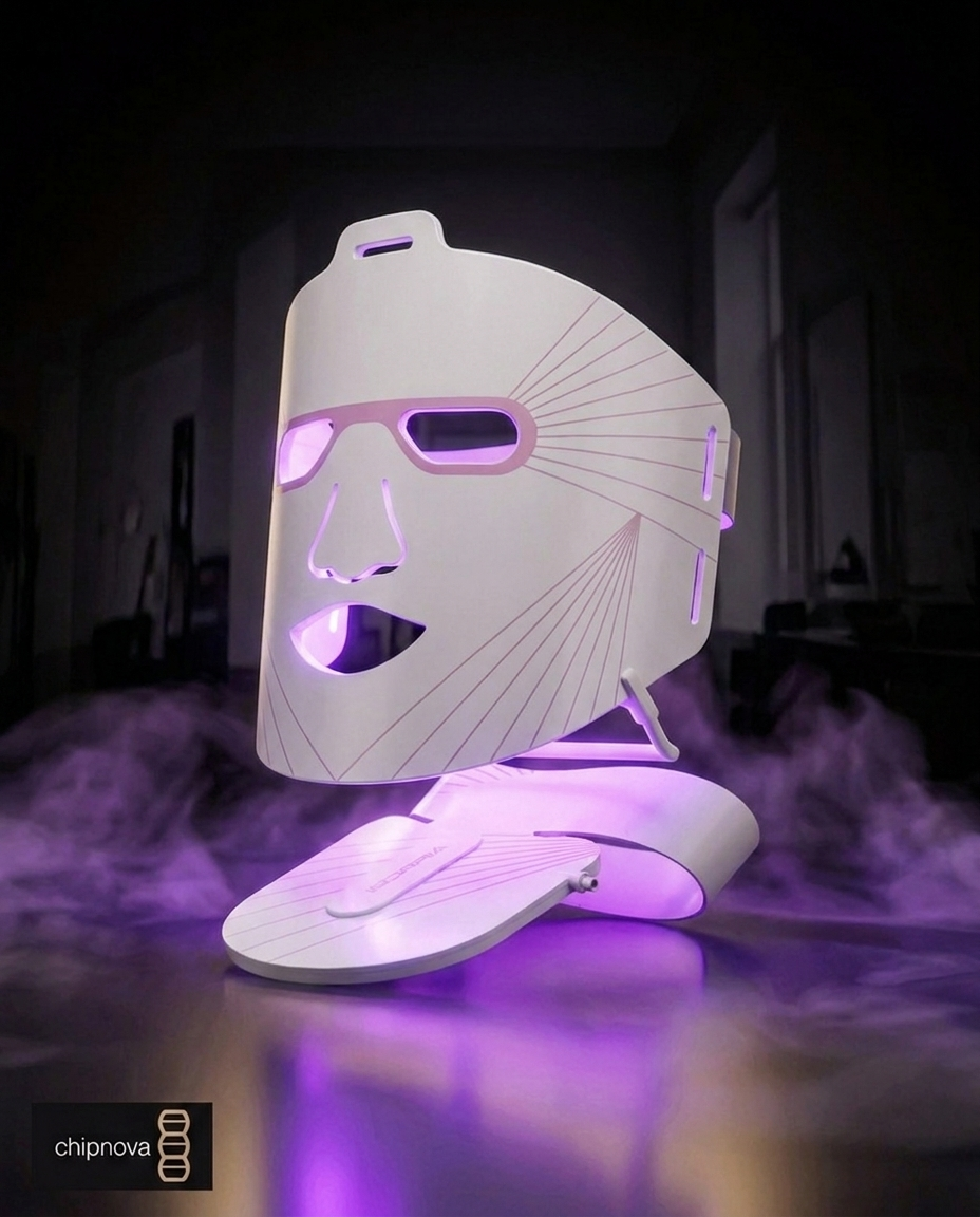 LED face mask on a dark background with 'chipnova' branding.