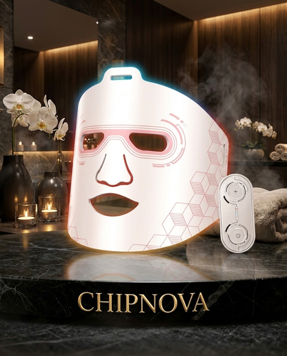 Facial mask with remote control on a dark surface, featuring the brand 'CHIPNOVA'.