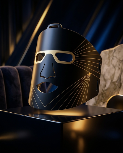 Decorative mask with gold accents on a dark background