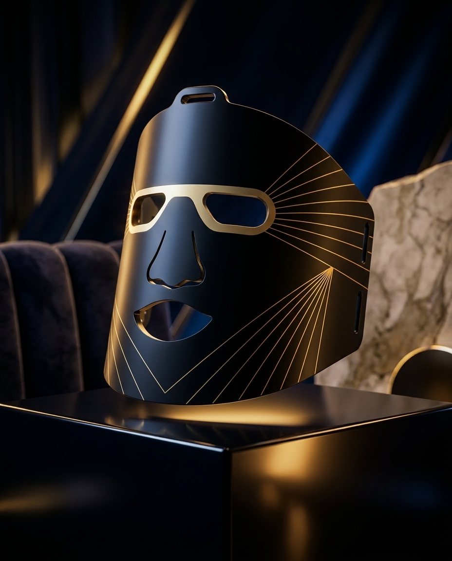Decorative mask with gold accents on a dark background