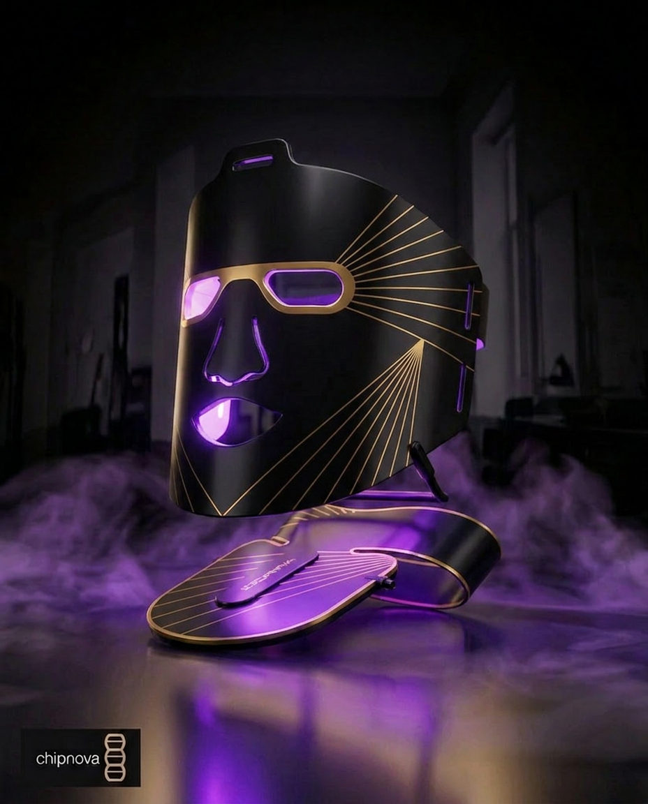 Black and gold LED face mask with purple light on a dark background, brand 'chipinova' visible.