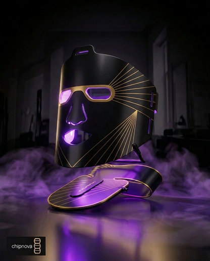 Black and gold LED face mask with purple light on a dark background, brand 'chipinova' visible.