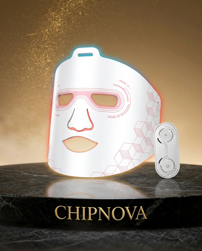 Light therapy mask with remote control on a reflective surface, branded 'CHIPNOVA'.