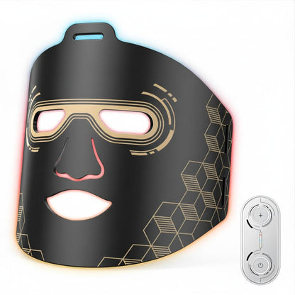 Black face mask with geometric design and remote control on a white background