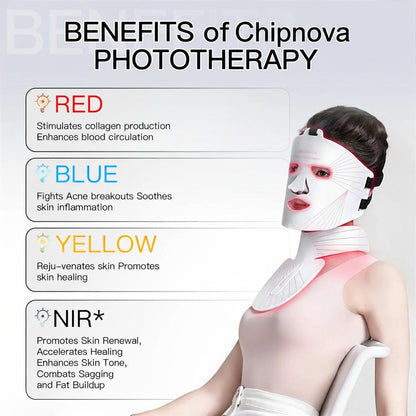 Person wearing a phototherapy device with text detailing benefits of Chipnova phototherapy.